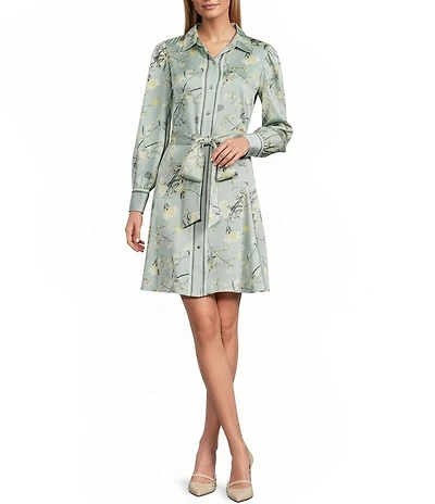 Anne Klein Floral Printed Long Sleeve Belted Shirt Dress