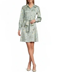 Anne Klein Floral Printed Long Sleeve Belted Shirt Dress