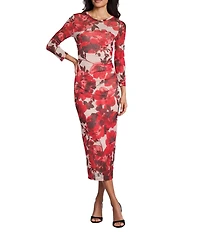 Anne Klein Floral Printed Mesh Crew Neck Long Sleeve Side Ruched Midi Dress