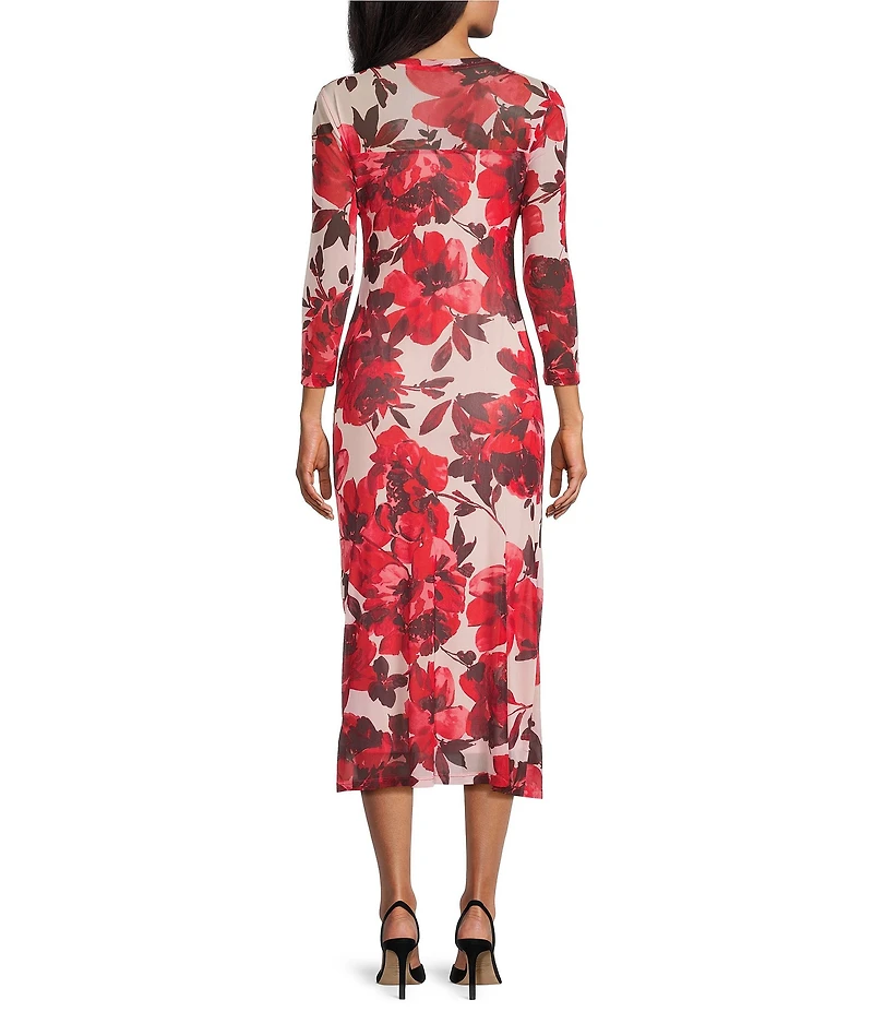 Anne Klein Floral Printed Mesh Crew Neck Long Sleeve Side Ruched Midi Dress