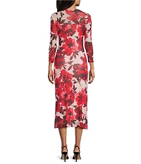 Anne Klein Floral Printed Mesh Crew Neck Long Sleeve Side Ruched Midi Dress