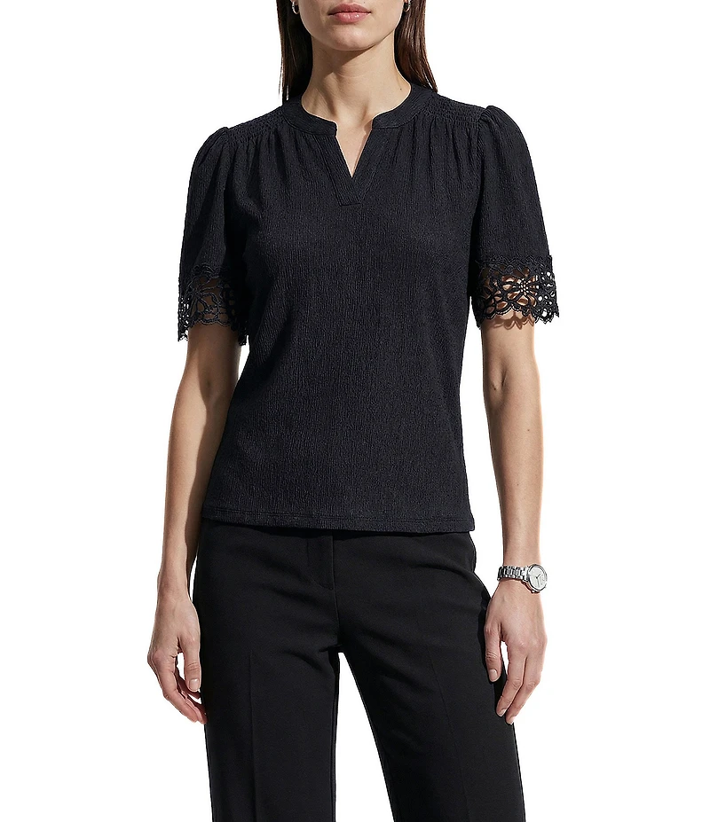 Anne Klein Flutter Sleeve V Neck Blouse With Lace Trim