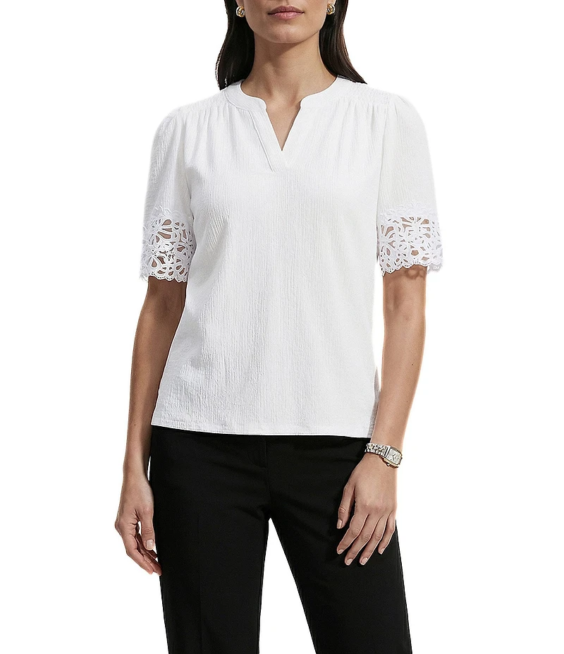 Anne Klein Flutter Sleeve V Neck Blouse With Lace Trim