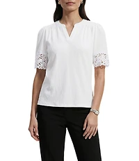 Anne Klein Flutter Sleeve V Neck Blouse With Lace Trim