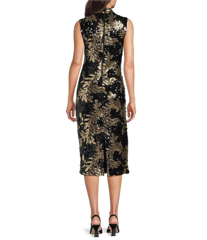 Anne Klein Gold Leaf Motif Sequin Mesh Mock Neck Sleeveless Column Dress