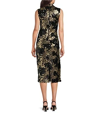 Anne Klein Gold Leaf Motif Sequin Mesh Mock Neck Sleeveless Column Dress