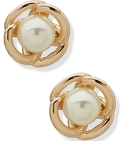 Anne Klein Gold Tone Caged Pearl Stud Earrings