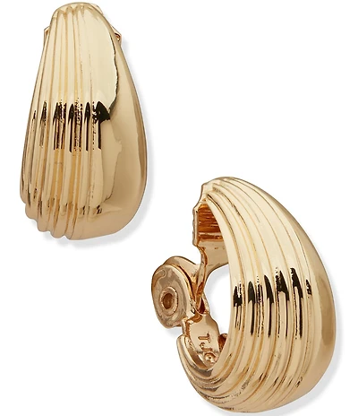 Anne Klein Gold Tone Ribbed Clip Hoop Earrings