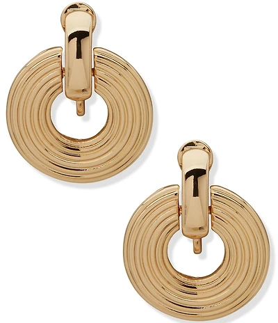 Anne Klein Gold Tone Ribbed Doorknocker Clip Orbital Earrings