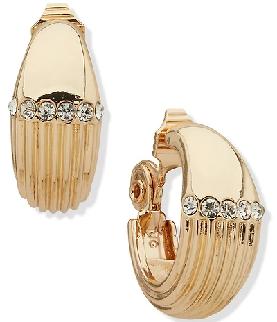 Anne Klein Gold Tone Ribbed Texture Crystal Clip Hoop Earrings