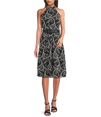 Anne Klein Halter Neck Belted Embroidered A-Line Midi Dress