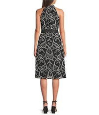 Anne Klein Halter Neck Belted Embroidered A-Line Midi Dress
