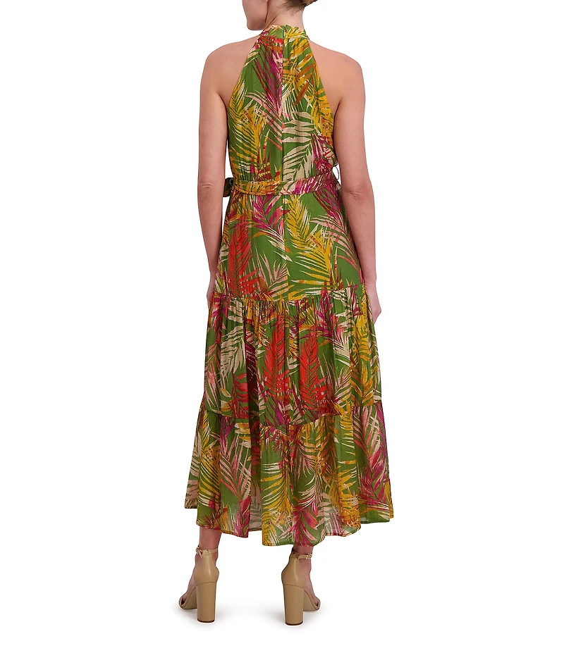 Anne Klein Halter Neck Sleeveless Tropical Print Chiffon Tiered Maxi Dress