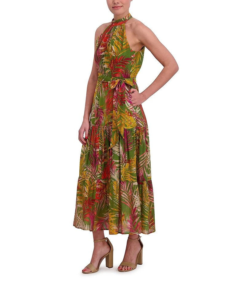 Anne Klein Halter Neck Sleeveless Tropical Print Chiffon Tiered Maxi Dress