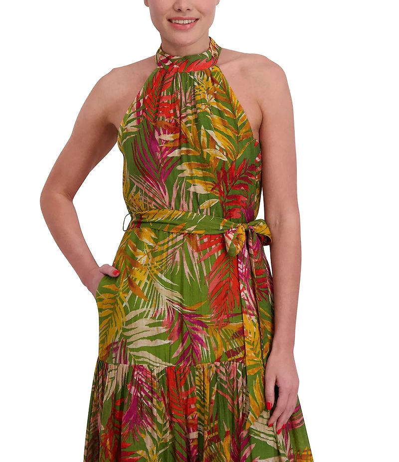 Anne Klein Halter Neck Sleeveless Tropical Print Chiffon Tiered Maxi Dress