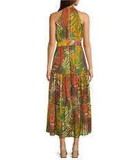 Anne Klein Halter Neck Sleeveless Tropical Print Chiffon Tiered Maxi Dress