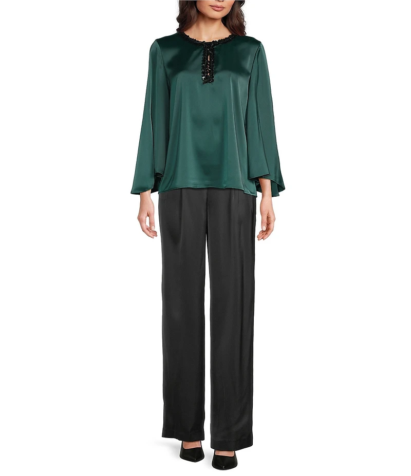 Anne Klein Keyhole Embellished Neck Flutter Sleeve Blouse