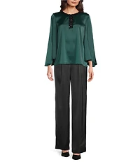 Anne Klein Keyhole Embellished Neck Flutter Sleeve Blouse