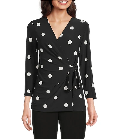 Anne Klein Knit Jersey Polka Dot Print V-Neck 3/4 Sleeve Faux-Wrap Top
