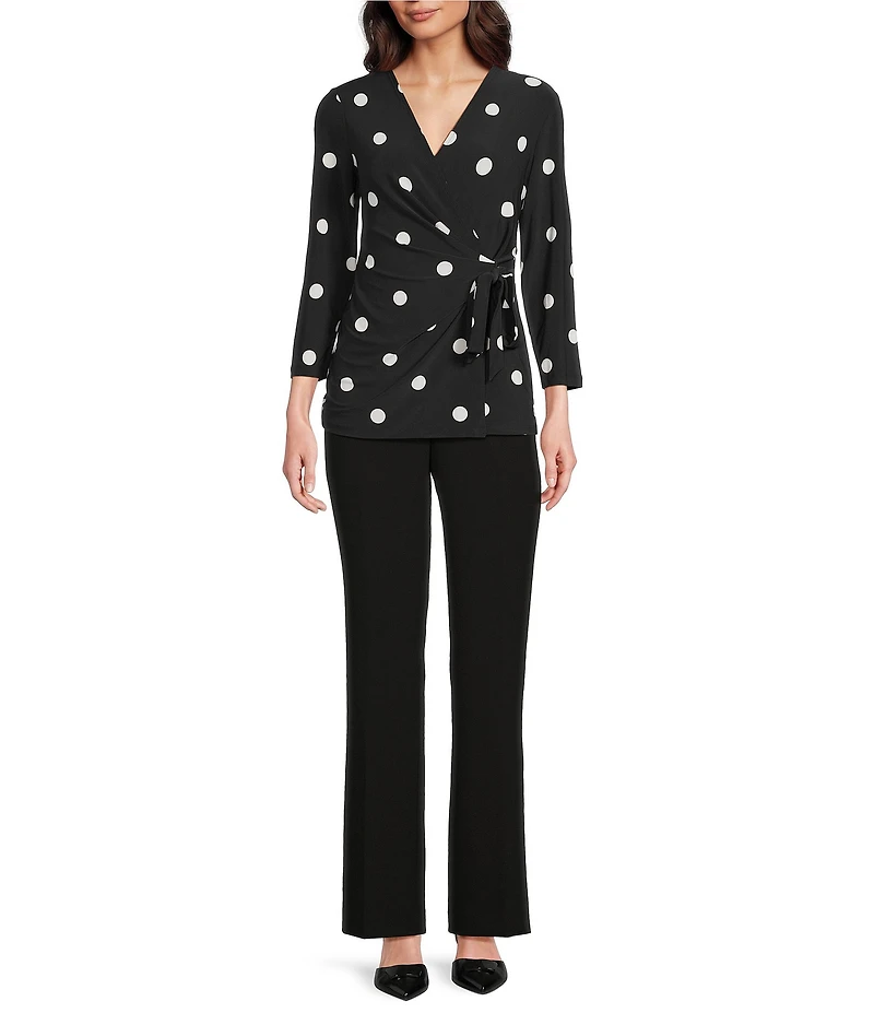 Anne Klein Knit Jersey Polka Dot Print V-Neck 3/4 Sleeve Faux-Wrap Top