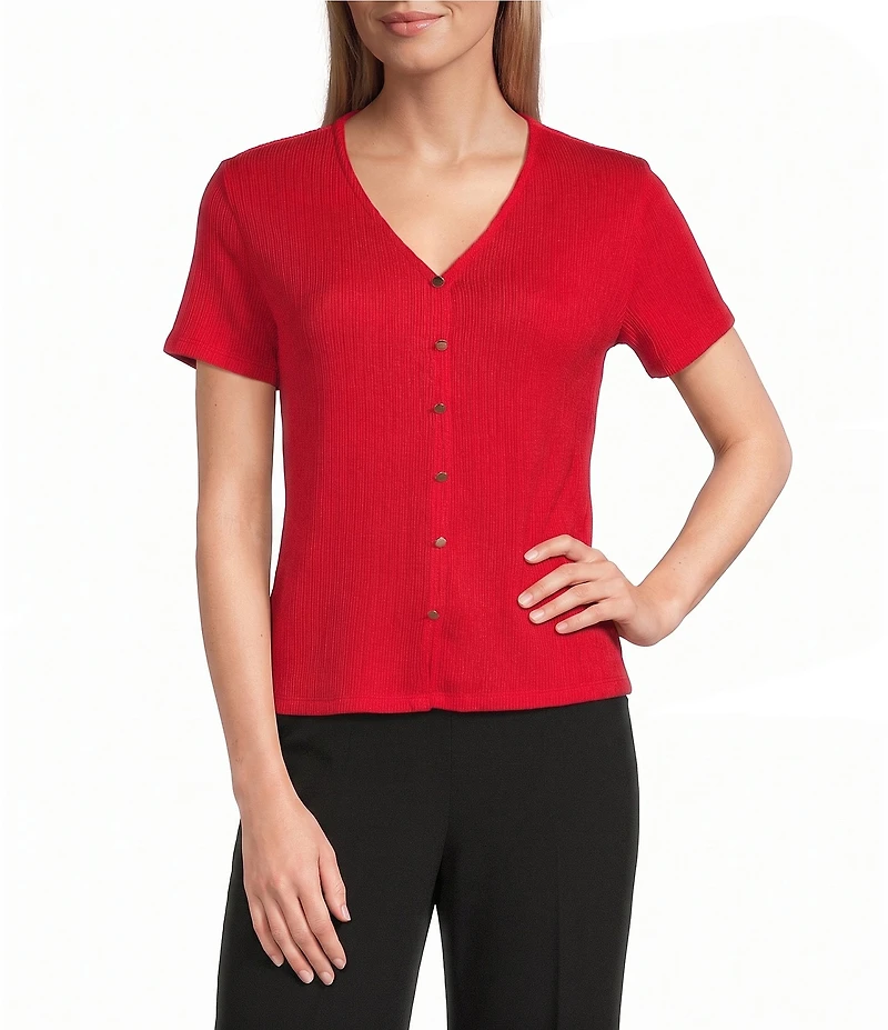 Anne Klein Knit Short Sleeve V Neck With Button Front Top
