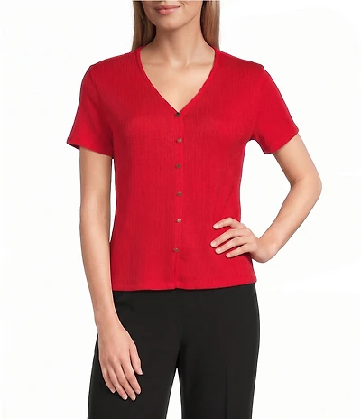Anne Klein Knit Short Sleeve V Neck With Button Front Top