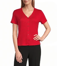 Anne Klein Knit Short Sleeve V Neck With Button Front Top