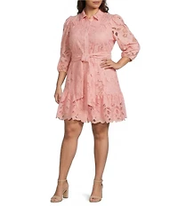 Anne Klein Lace Floral Print Collar Neckline Long Sleeve Scalloped Hem Tiered Belted Shirt Dress