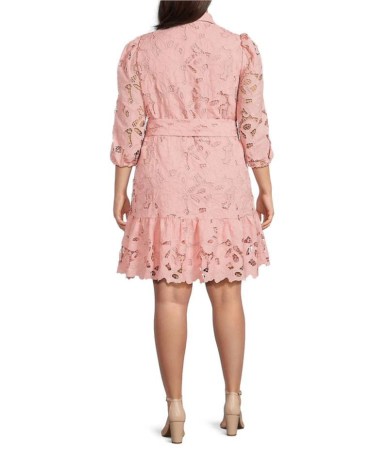 Anne Klein Lace Floral Print Collar Neckline Long Sleeve Scalloped Hem Tiered Belted Shirt Dress