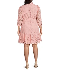 Anne Klein Lace Floral Print Collar Neckline Long Sleeve Scalloped Hem Tiered Belted Shirt Dress
