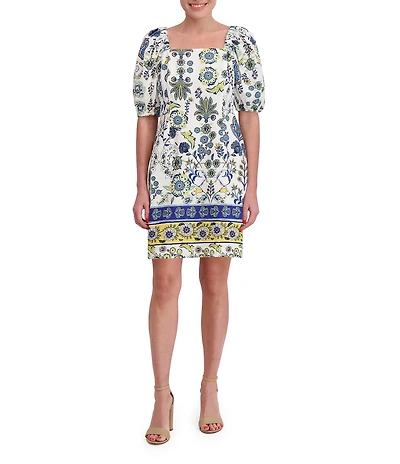 Anne Klein Linen Blend Floral Print Square Neck Short Sleeve Sheath Mini Dress