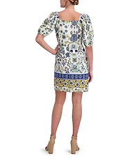 Anne Klein Linen Blend Floral Print Square Neck Short Sleeve Sheath Mini Dress