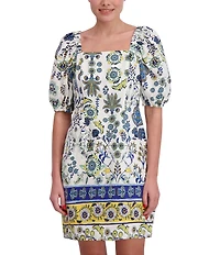 Anne Klein Linen Blend Floral Print Square Neck Short Sleeve Sheath Mini Dress