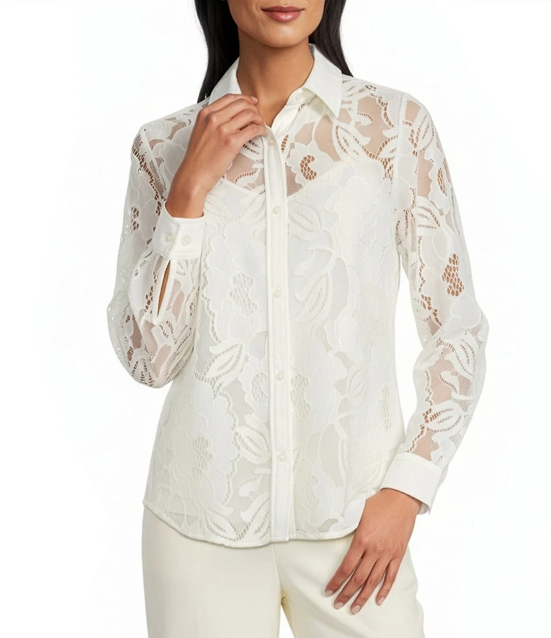 Anne Klein Long Sleeve Lace Button Down Shirt