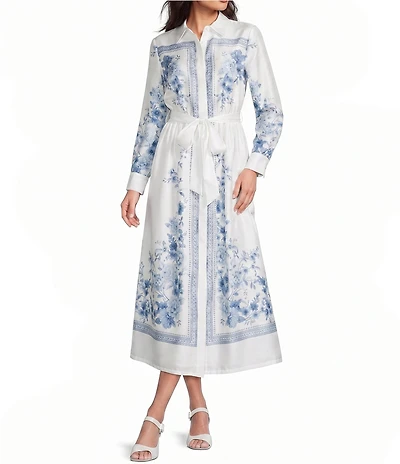 Anne Klein Long Sleeve Printed Twill Long Shirt Dress