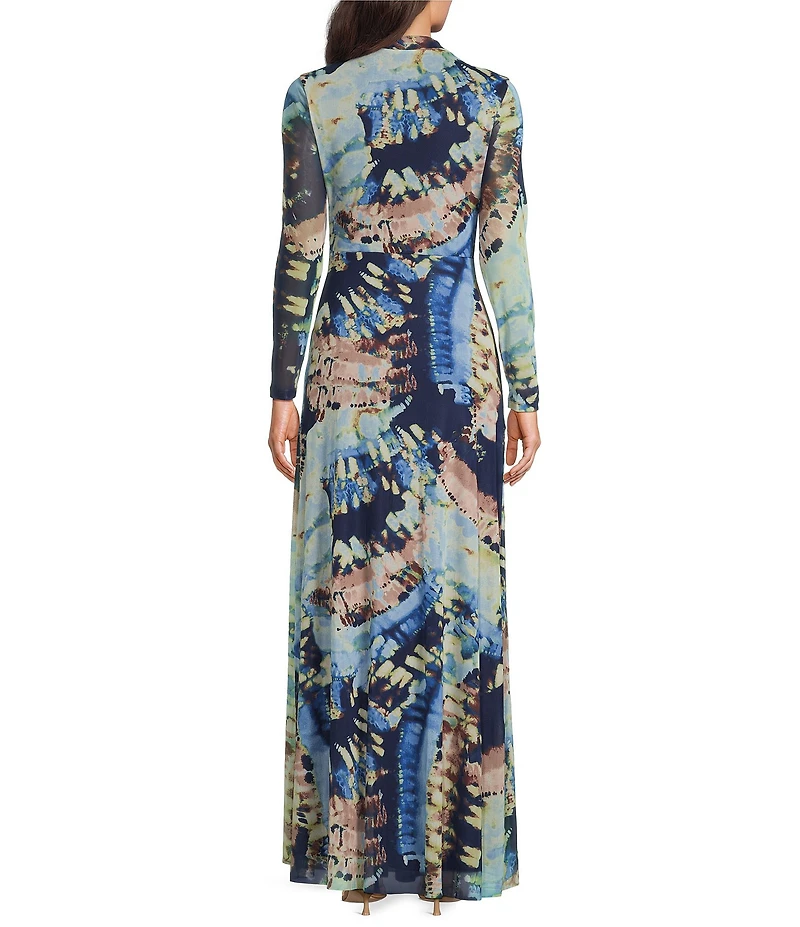 Anne Klein Long Sleeve V-Neck Twist Front Printed Mesh A-Line Maxi Dress