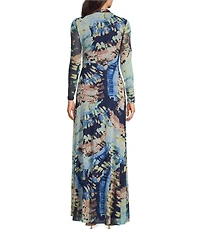 Anne Klein Long Sleeve V-Neck Twist Front Printed Mesh A-Line Maxi Dress