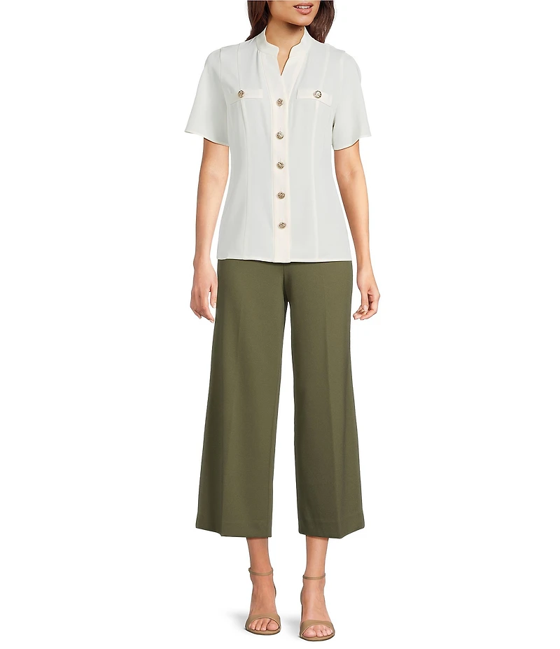 Anne Klein Mandarin Collar Flutter Short Sleeve Button Front Top