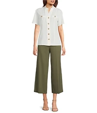 Anne Klein Mandarin Collar Flutter Short Sleeve Button Front Top