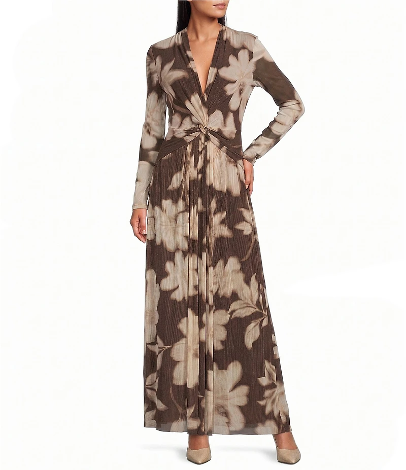 Anne Klein Mesh Long Sleeve Leaf Print Gathered Waist Dress