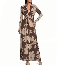 Anne Klein Mesh Long Sleeve Leaf Print Gathered Waist Dress