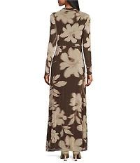 Anne Klein Mesh Long Sleeve Leaf Print Gathered Waist Dress