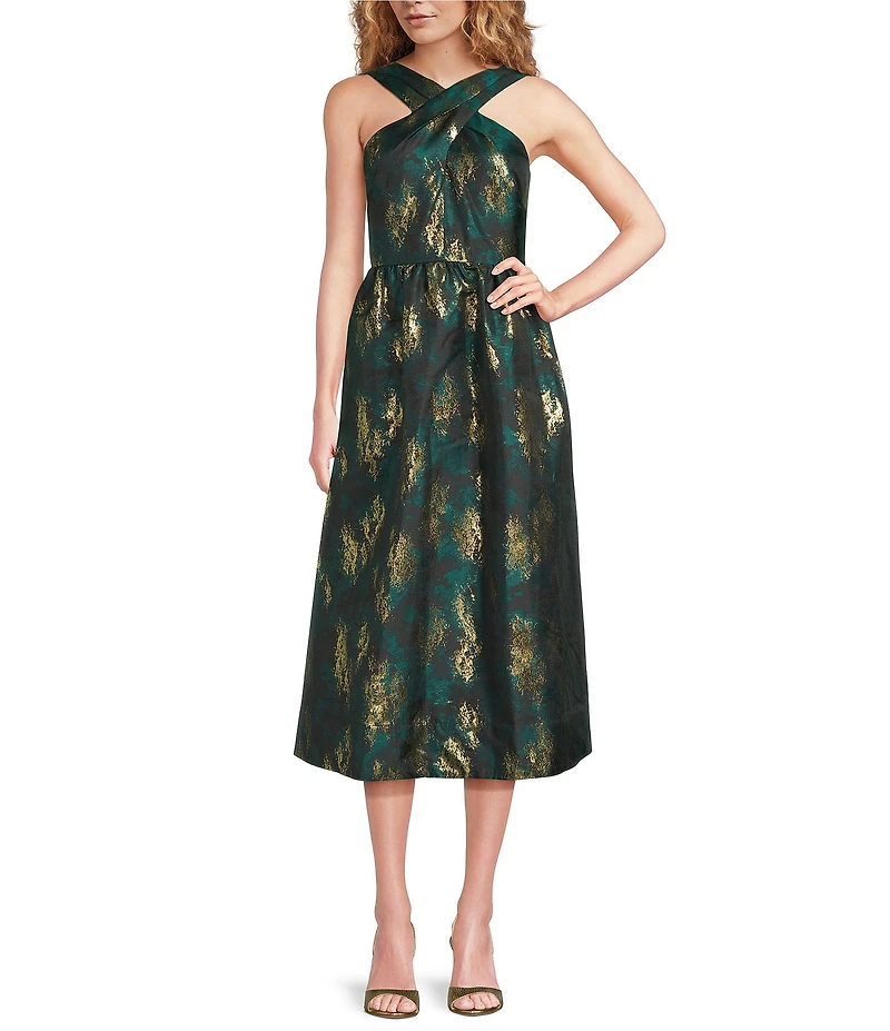 Anne Klein Metallic Jacquard Criss Cross Halter Neck Sleeveless A-line Dress