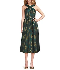 Anne Klein Metallic Jacquard Criss Cross Halter Neck Sleeveless A-line Dress