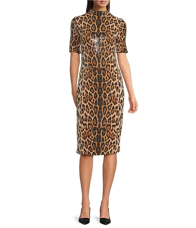 Anne Klein Mock Neck 3/4 Sleeve Sequin Cheetah Print Midi Dress