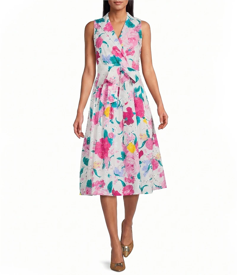Anne Klein Notch Collar Wrap Floral Print Cotton Eyelet Midi Dress