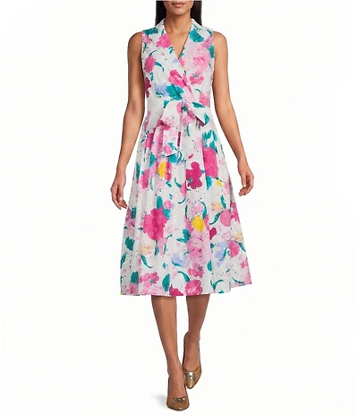 Anne Klein Notch Collar Wrap Floral Print Cotton Eyelet Midi Dress