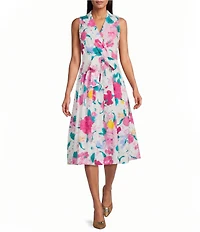 Anne Klein Notch Collar Wrap Floral Print Cotton Eyelet Midi Dress