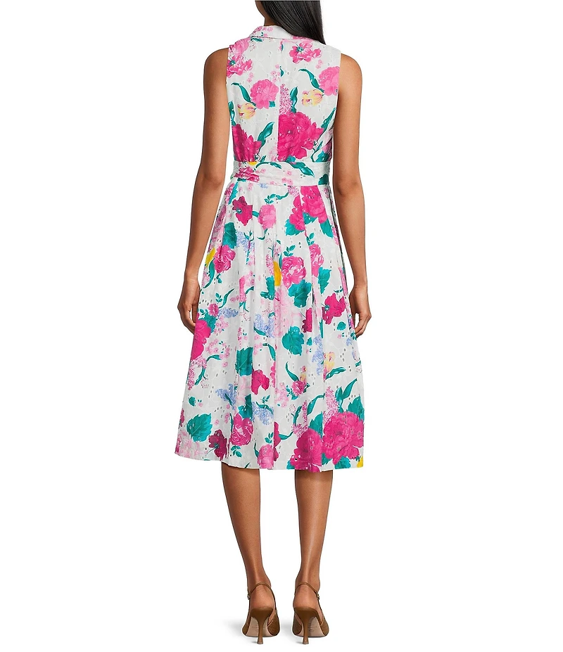 Anne Klein Notch Collar Wrap Floral Print Cotton Eyelet Midi Dress