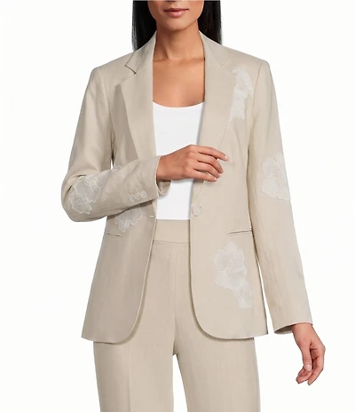 Anne Klein One Button Notch Collar Linen Blend Applique Jacket